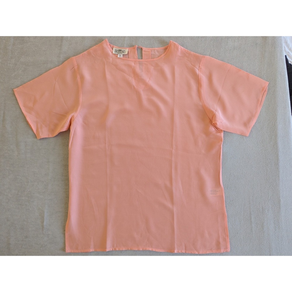 ROYALSILK 100% Silk Blouse Tee Petite P Peach Apricot Short Sleeve Keyhole Back